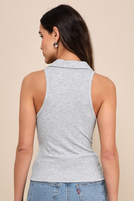 Fashionable Presence Heather Grey Ribbed Collared Tank Top