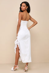 Graceful Perfection White Satin Ruffled Strapless Midi Dress