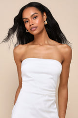 Graceful Perfection White Satin Ruffled Strapless Midi Dress
