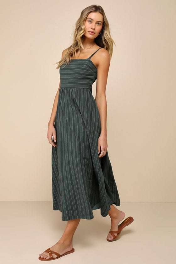 Feeling the Best Green Striped Tie-Back Midi Dress with Pockets