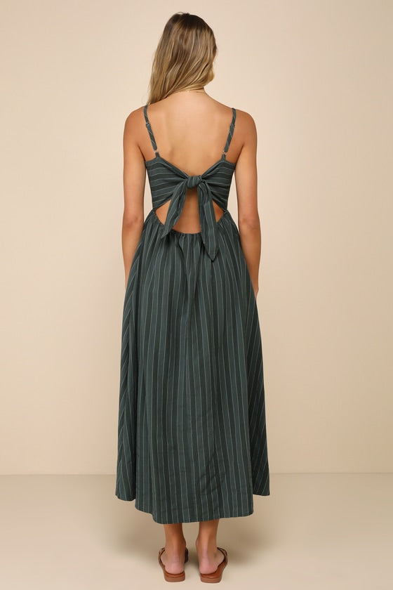 Feeling the Best Green Striped Tie-Back Midi Dress with Pockets