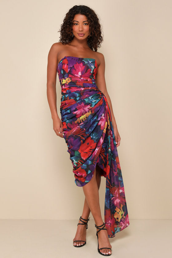 Uncommon Aesthetic Black Floral Strapless Bodycon Midi Dress