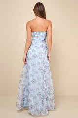 Chic Preciousness Light Blue Floral Organza Bustier Maxi Dress