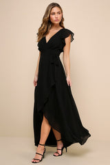 Ravishing Charm Black Ruffled Wrap High-Low Maxi Dress