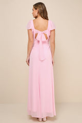 Simply Delightful Pink Tie-Back Flutter Sleeve Maxi Dress