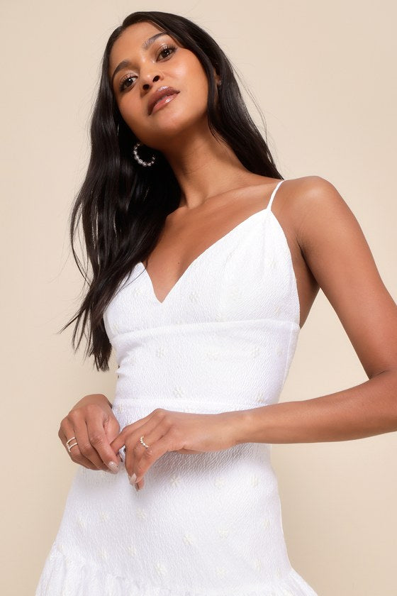 Serene Charm White Textured Embroidered Drop Waist Midi Dress