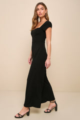 Essential Invitee Black Cap Sleeve Wide-Leg Jumpsuit
