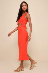 Flirtatious Match Bright Red Mesh Tie-Front Two-Piece Midi Dress