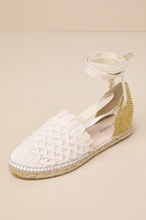 Vida Ivory Woven Lurex Lace-Up Flatform Espadrilles