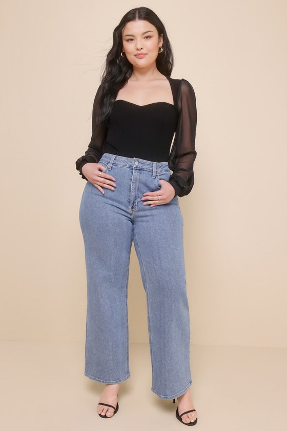 Sensational Sweetheart Black Ribbed Balloon Sleeve Bodysuit