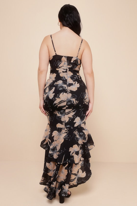 Darling Daylily Black Floral Print High-Low Maxi Dress