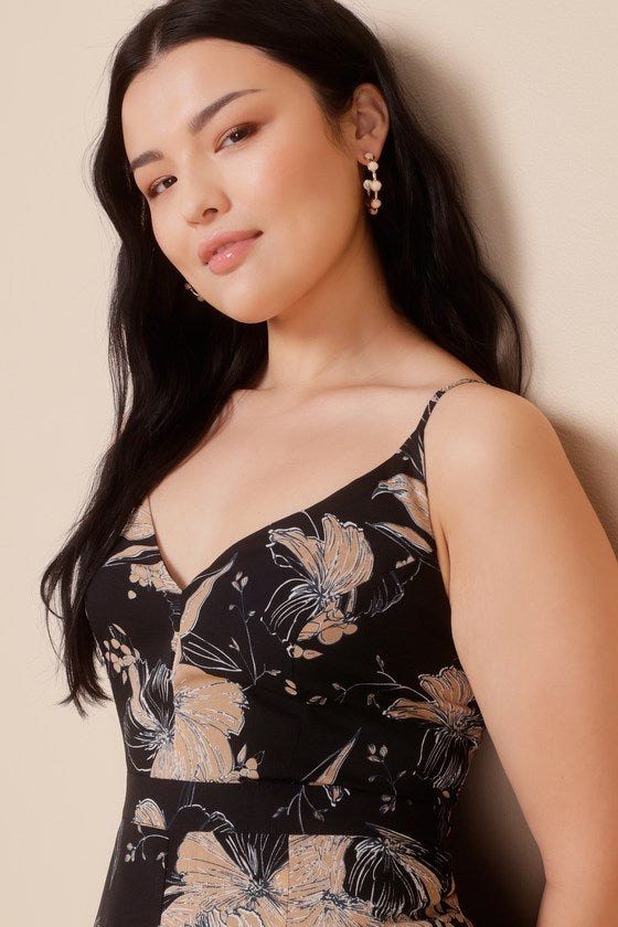 Darling Daylily Black Floral Print High-Low Maxi Dress