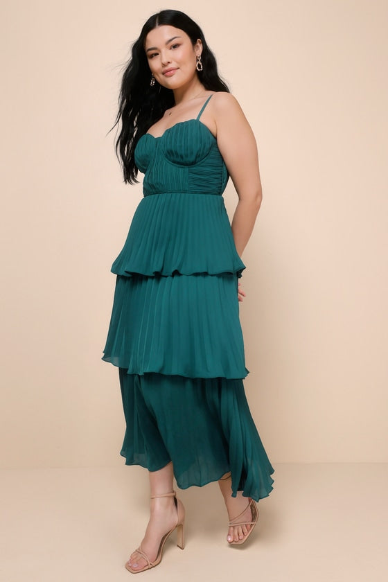 Cascading Crush Emerald Tiered Bustier Midi Dress
