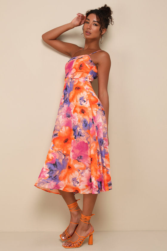 Radiant Feelings Orange and Purple Floral Chiffon Midi Dress