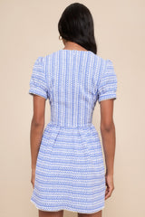 Lovely Chicness Blue and White Lace Puff Sleeve Mini Dress