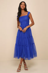 Moment of Perfection Blue Mesh Swiss Dot Tiered Midi Dress