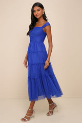 Moment of Perfection Blue Mesh Swiss Dot Tiered Midi Dress