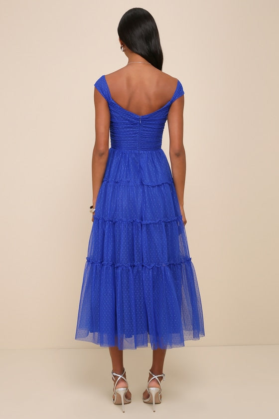 Moment of Perfection Blue Mesh Swiss Dot Tiered Midi Dress