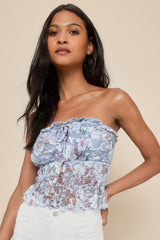 Lovely Sweetness Light Blue Floral Lace Strapless Smocked Top