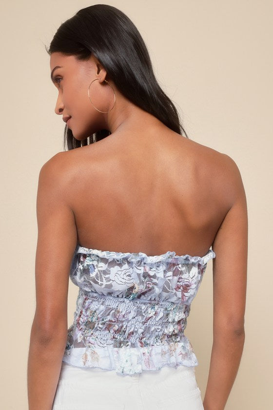 Lovely Sweetness Light Blue Floral Lace Strapless Smocked Top