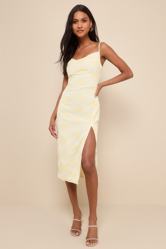 Lovely Existence Light Yellow Embroidered Cowl Neck Midi Dress