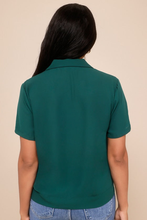 Good Luck Charm Dark Green Short Sleeve Button-Up Top