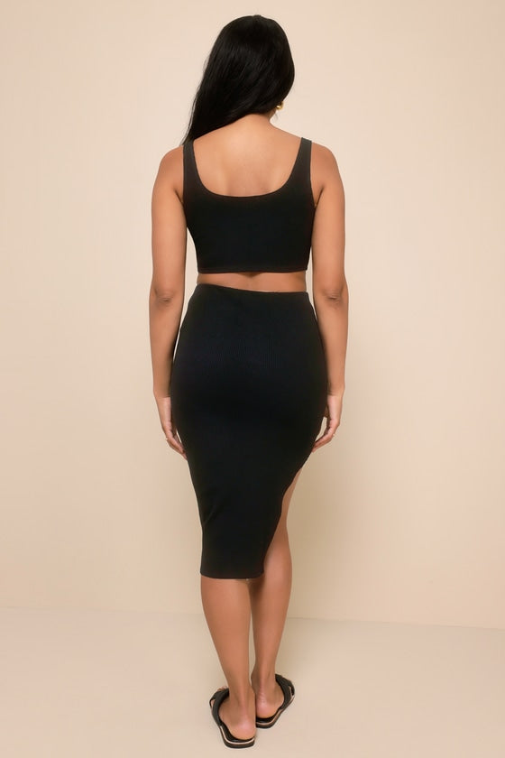 Set For Life Black Ribbed Bodycon Two-Piece Midi Dress