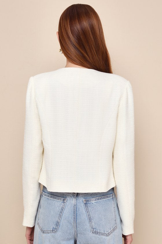 Undeniably Poised Cream Tweed Crew Neck Button-Front Blazer