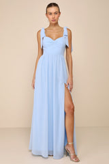 Radiant Charisma Light Blue Chiffon Ruched Tie-Strap Maxi Dress