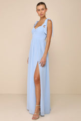 Radiant Charisma Light Blue Chiffon Ruched Tie-Strap Maxi Dress