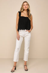 Cutest Weekend Black 3D Floral Embroidered Tie-Back Tank Top