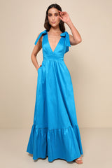 Rare Charm Teal Blue Taffeta Tie-Strap Maxi Dress With Pockets