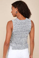 Exceptional Aesthetic Blue Marled Knit Lace-Up Sweater Tank Top