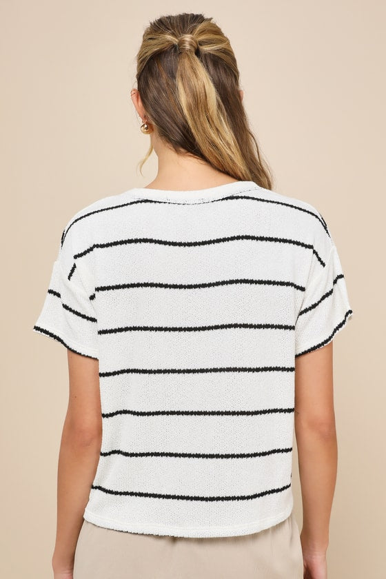 Laid-Back Perfection White Striped Knit Short Sleeve Top