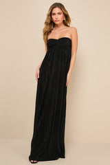 Endlessly Complimented Black Plisse Strapless Maxi Dress