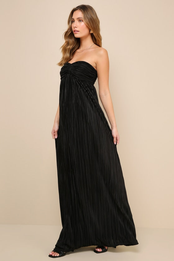 Endlessly Complimented Black Plisse Strapless Maxi Dress