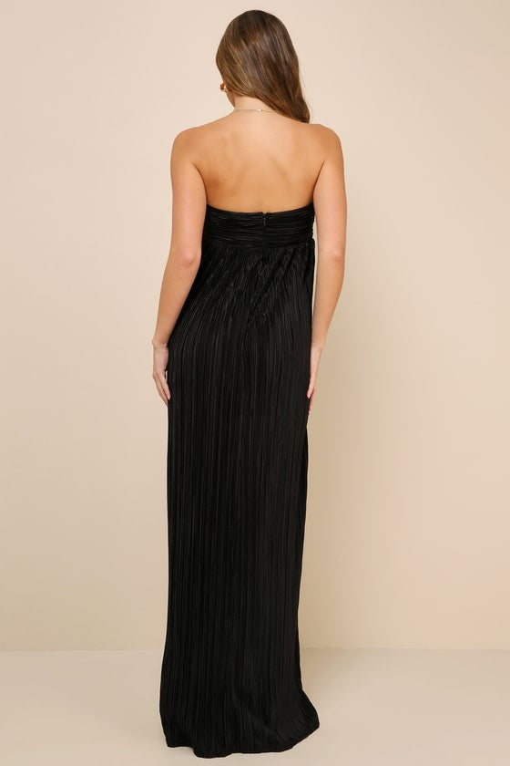 Endlessly Complimented Black Plisse Strapless Maxi Dress