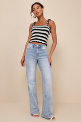 Summery Sense Black and White Striped Ruffled Smocked Tank Top