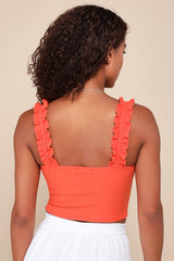Musing About You Orange Ribbed Ruffle Strap Cropped Tank Top