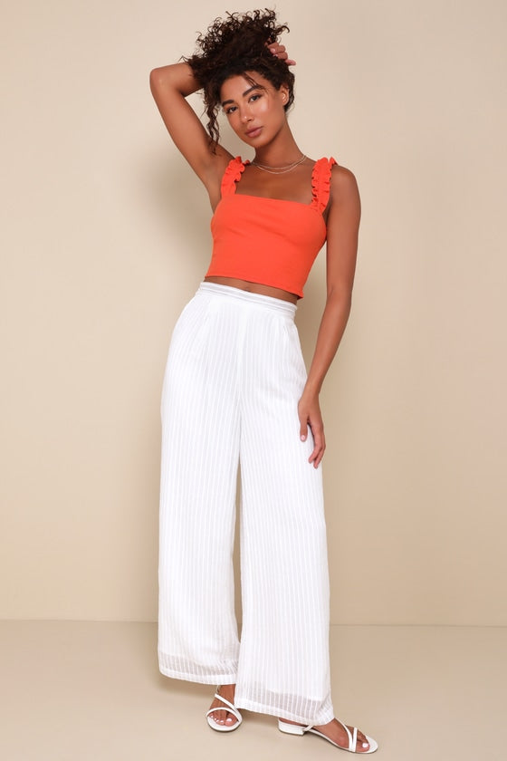 Musing About You Orange Ribbed Ruffle Strap Cropped Tank Top
