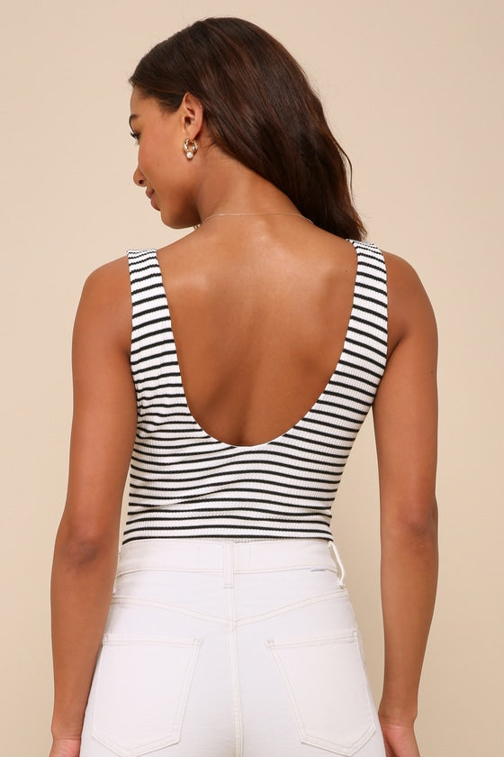 Easygoing Chic Ivory Striped Ribbed Sleeveless Bodysuit
