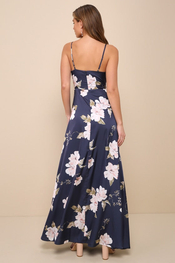 Radiant Occasion Navy Blue Floral Satin A-Line Maxi Dress