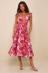 Flowering Day Dream Magenta Floral Organza Midi Bubble Dress