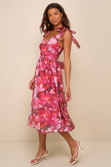 Flowering Day Dream Magenta Floral Organza Midi Bubble Dress