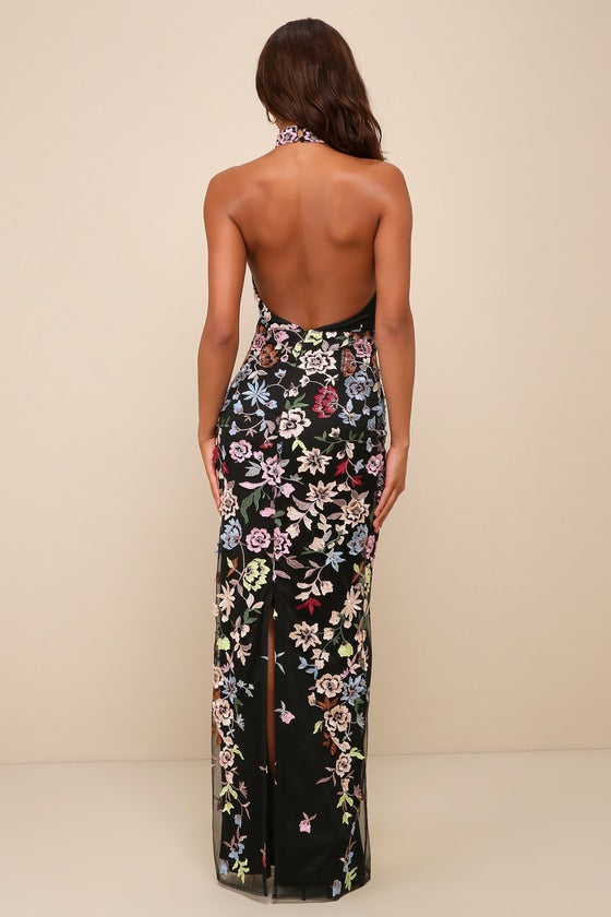 Infinite Praise Black 3D Floral Embroidered Halter Maxi Dress