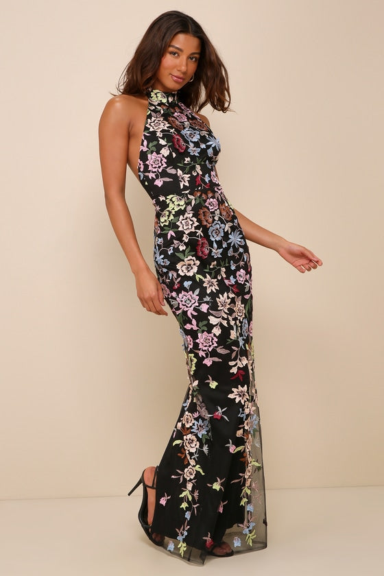 Infinite Praise Black 3D Floral Embroidered Halter Maxi Dress