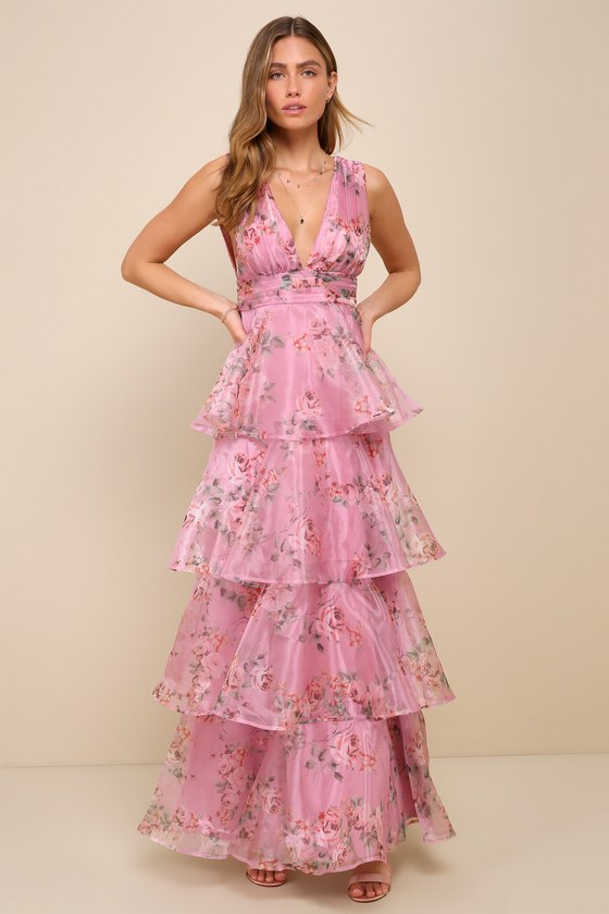 Garden Radiance Pink Floral Print Organza Tiered Maxi Dress