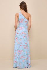 Elegant Admiration Light Blue Floral One-Shoulder Maxi Dress