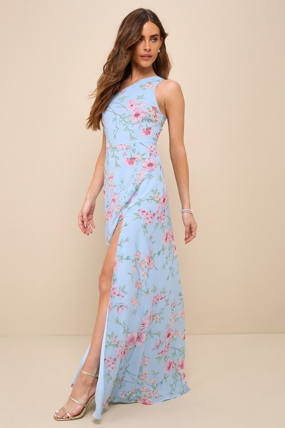 Elegant Admiration Light Blue Floral One-Shoulder Maxi Dress