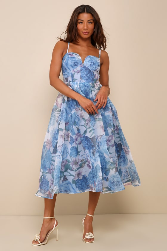 Cherished Aura Blue Multi Floral Organza Bustier Midi Dress